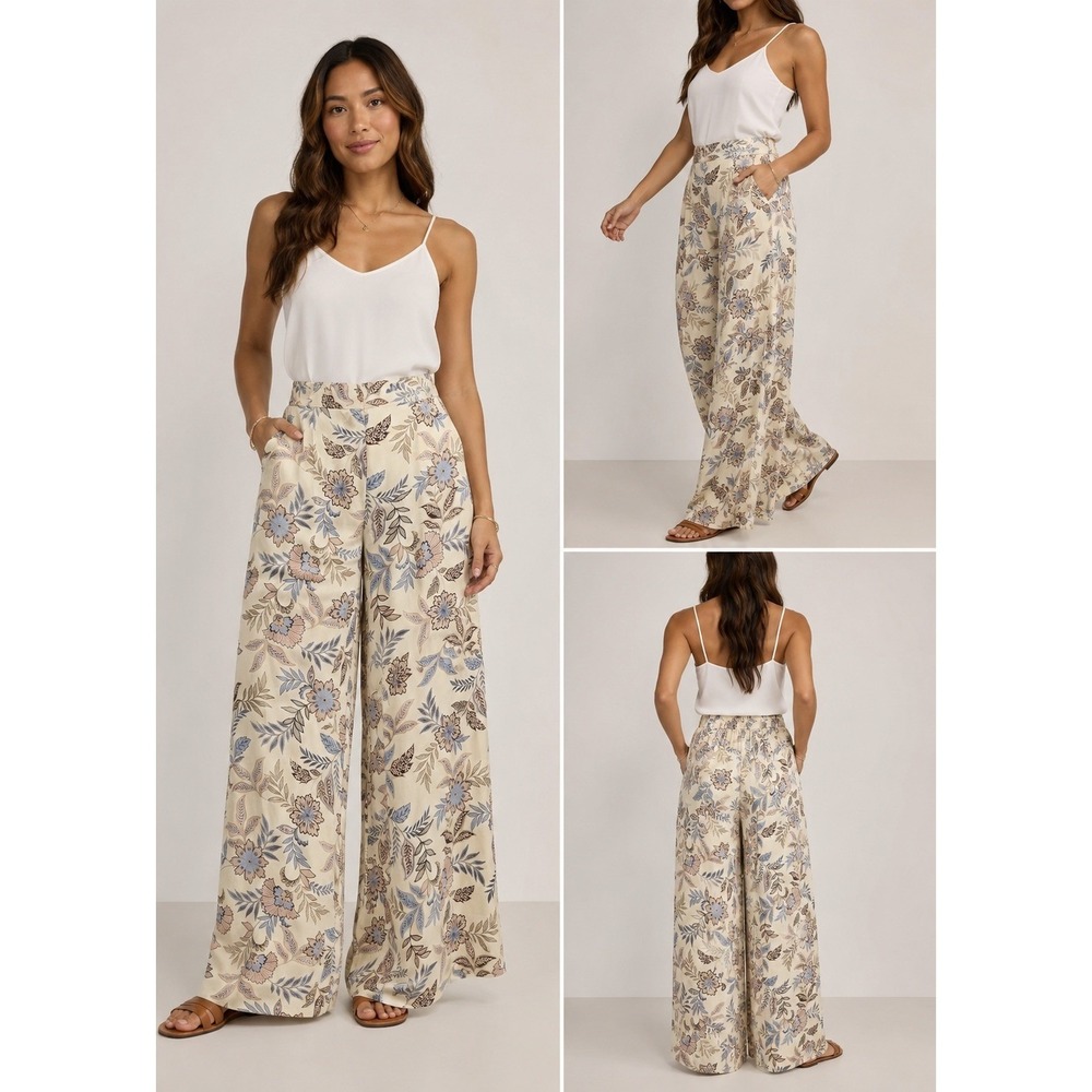 House of Harlow 1960 Floral Wide Leg Pants XL Cream Pink Blue Boho Whimsigoth